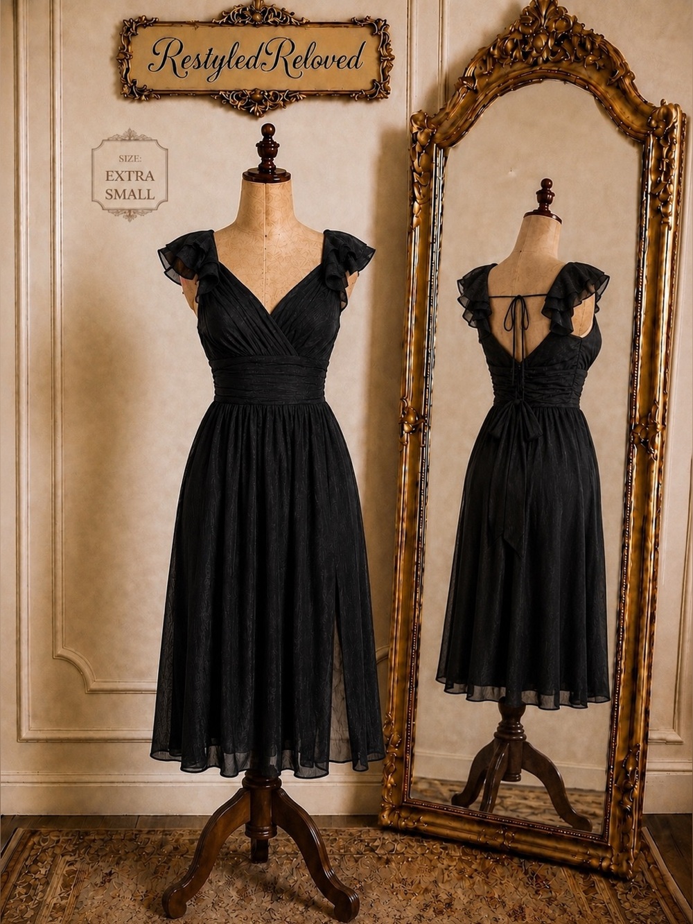 Francesca’s Black Ruffle Flutter Sleeve Tie-Back Ruched Chiffon Midi Dress
